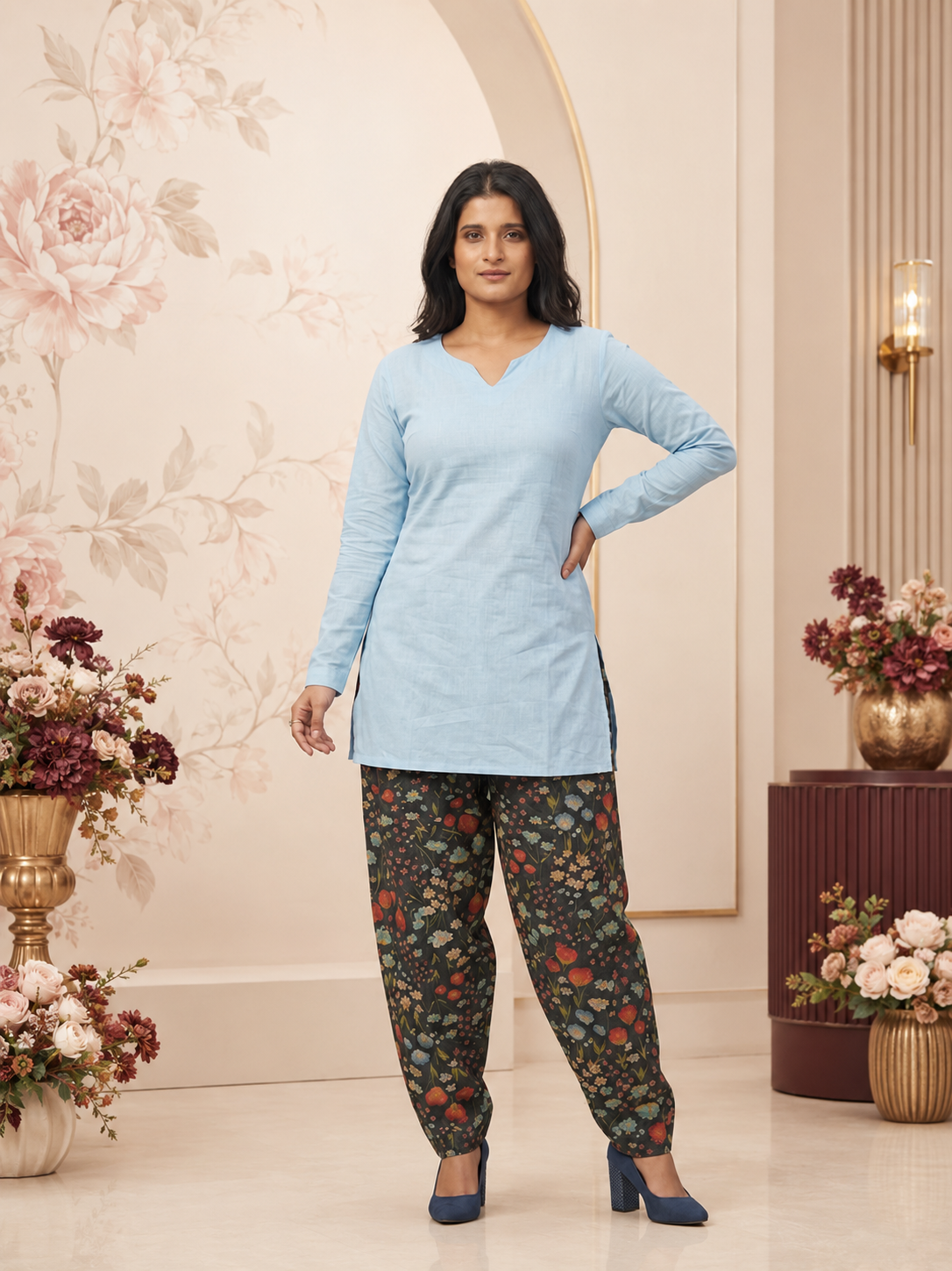 Serene Powder Blue Kurti With Dark Botanical Farsi