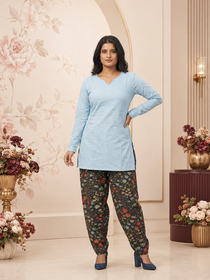 Serene Powder Blue Kurti With Dark Botanical Farsi