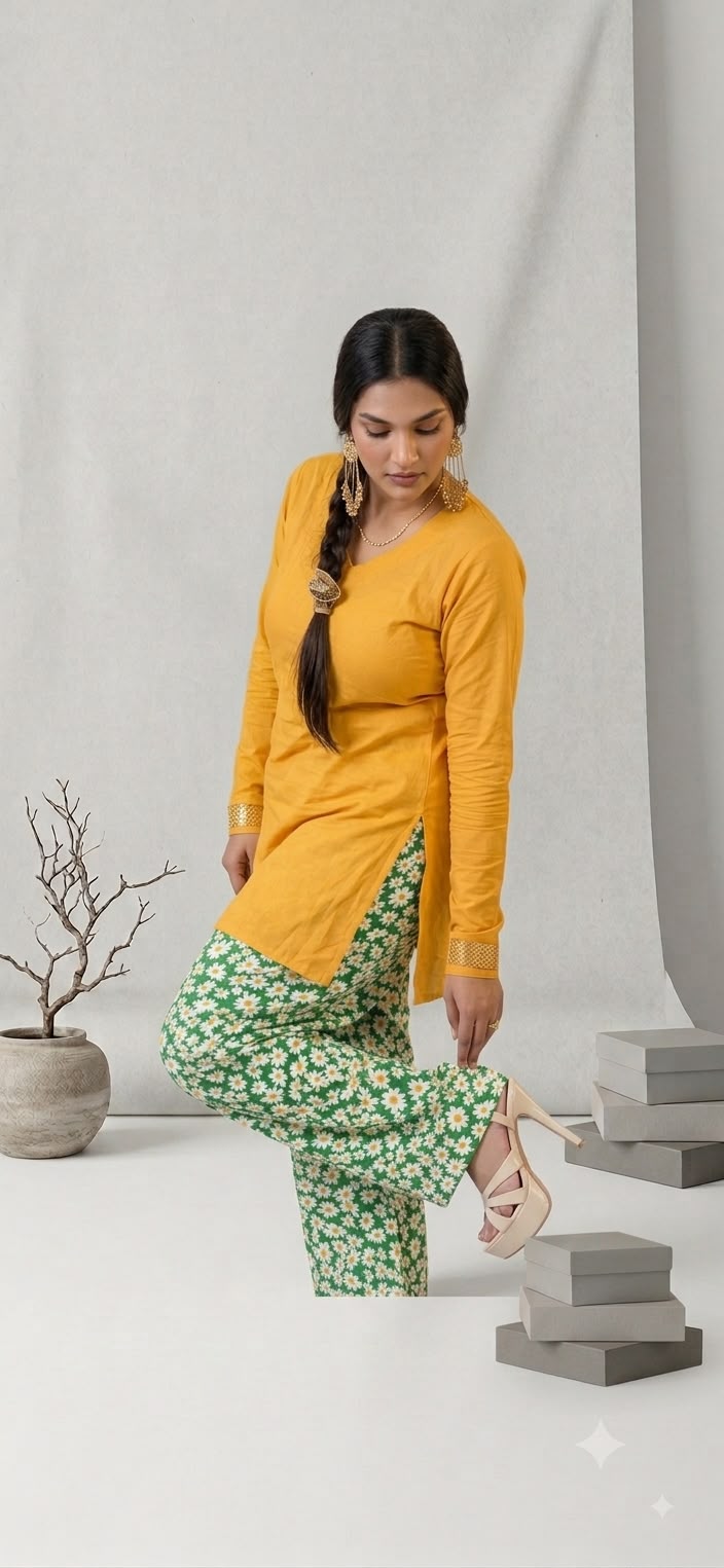 Vibrant mustard kurta and daisyprint farsi salwar set