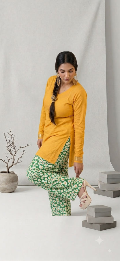 Vibrant mustard kurta and daisyprint farsi salwar set