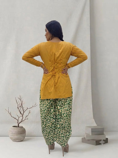 Vibrant mustard kurta and daisyprint farsi salwar set
