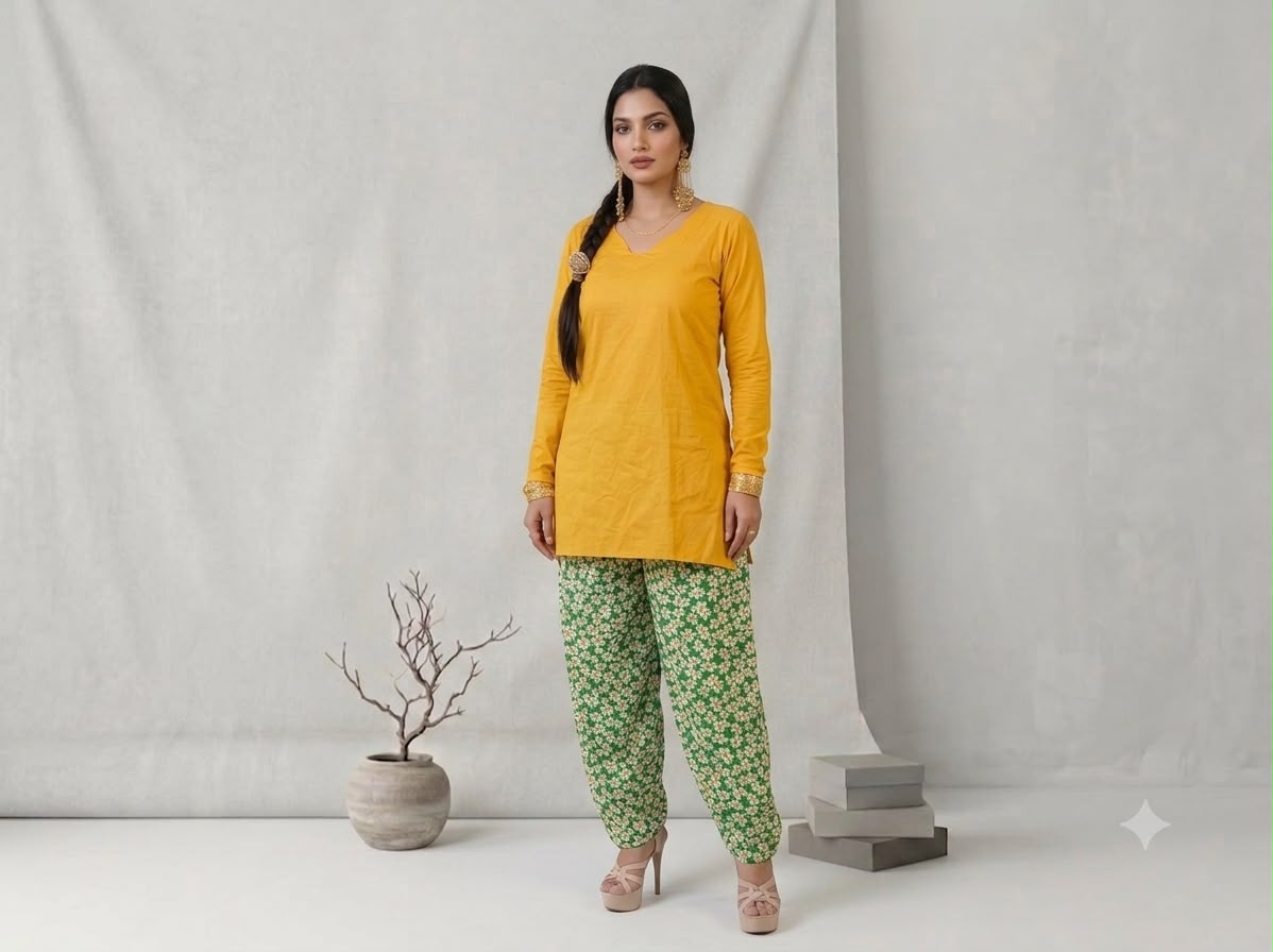 Vibrant mustard kurta and daisyprint farsi salwar set