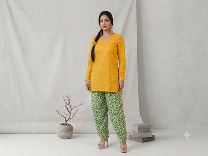 Vibrant mustard kurta and daisyprint farsi salwar set