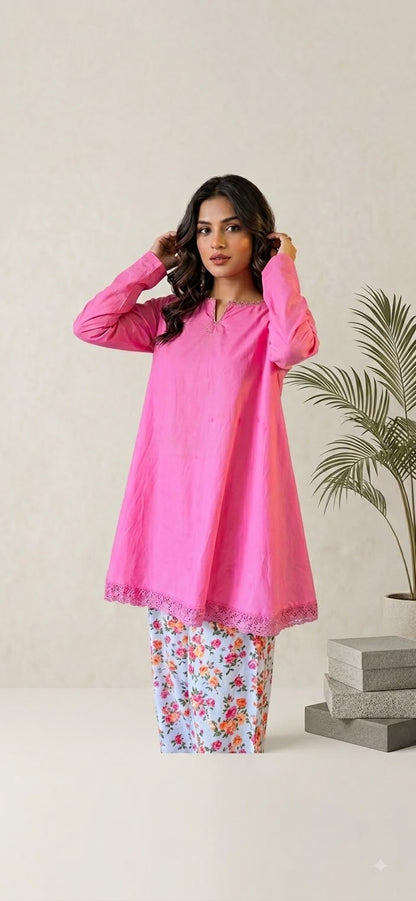 Pink aline kurta with floral print farsi salwar