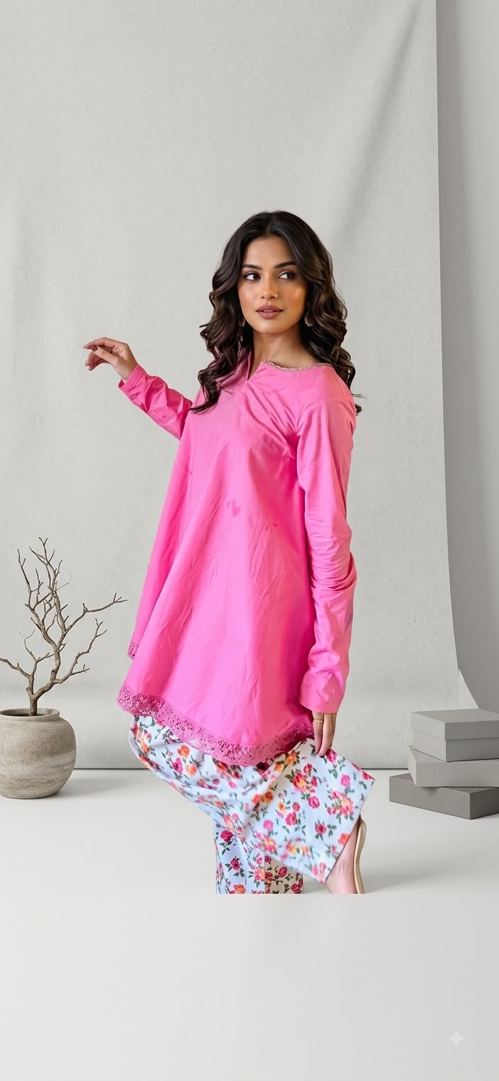 Pink aline kurta with floral print farsi salwar