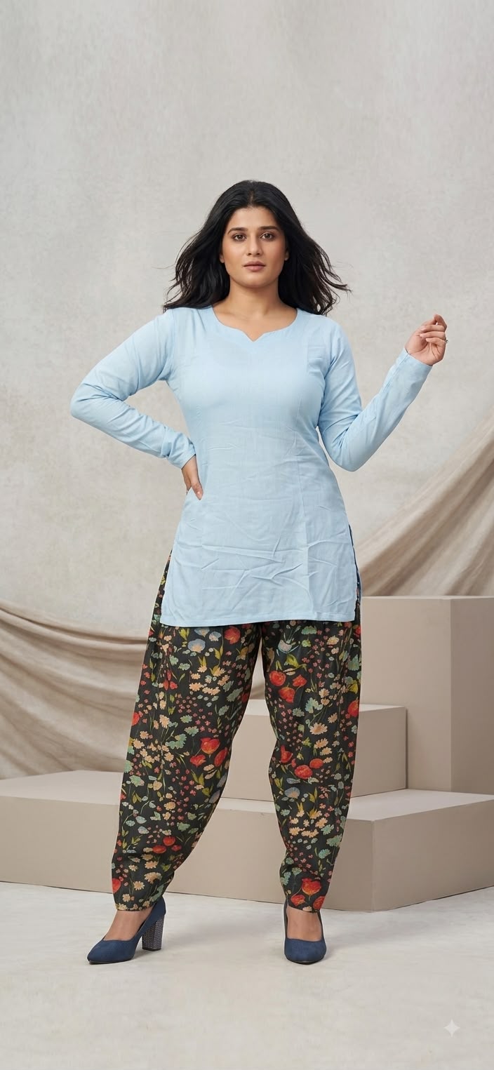 Serene Powder Blue Kurti With Dark Botanical Farsi