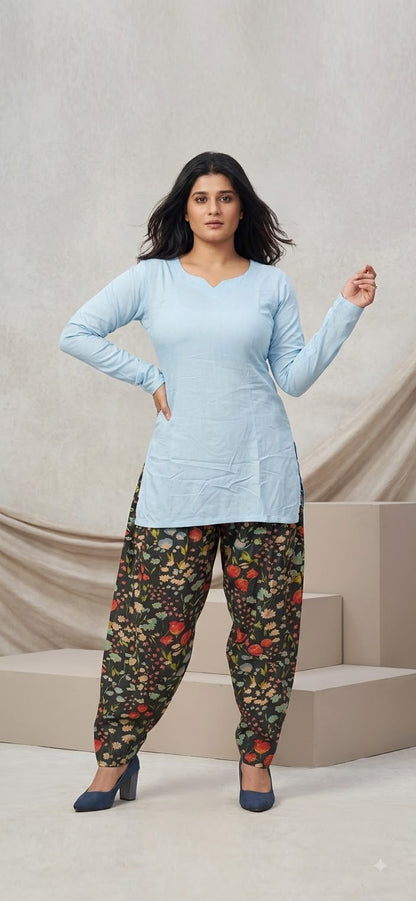 Serene Powder Blue Kurti With Dark Botanical Farsi