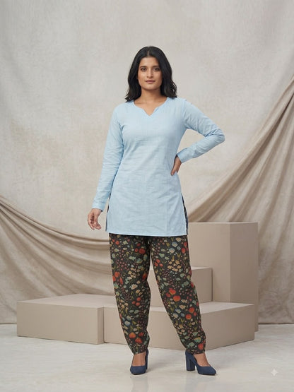 Serene Powder Blue Kurti With Dark Botanical Farsi