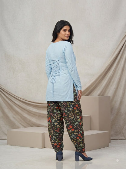 Serene Powder Blue Kurti With Dark Botanical Farsi