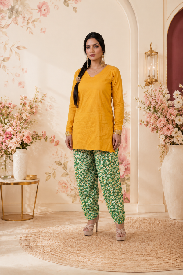 Vibrant mustard kurta and daisyprint farsi salwar set